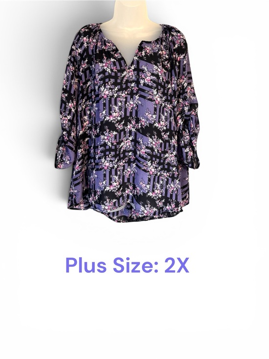 fun 2 fun Tops - Purple and Black Floral Geometric Blouse PLUS SIZE: 2X    BIN#14